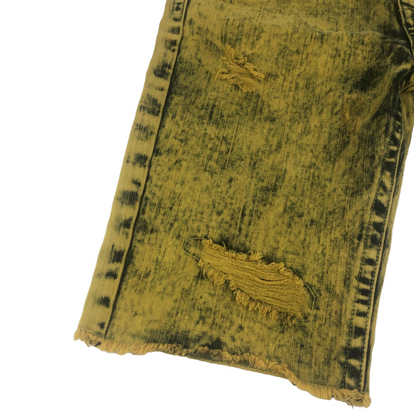 12am Nation Mens Distressed Denim Shorts Size 34 Mustard Yellow Black Acid Wash - Picture 6 of 15